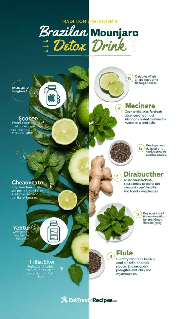 Brazilian Mounjaro Detox Drink Infographic showing Tradition vs Science benefits of natural ingredients like cucumber, lime, mint, ginger, and chia seeds for metabolism, hydration, and digestion.