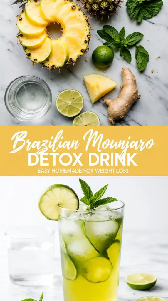 Brazilian Mounjaro detox drink with lime, mint, and ginger on marble background – refreshing natural beverage for weight loss.