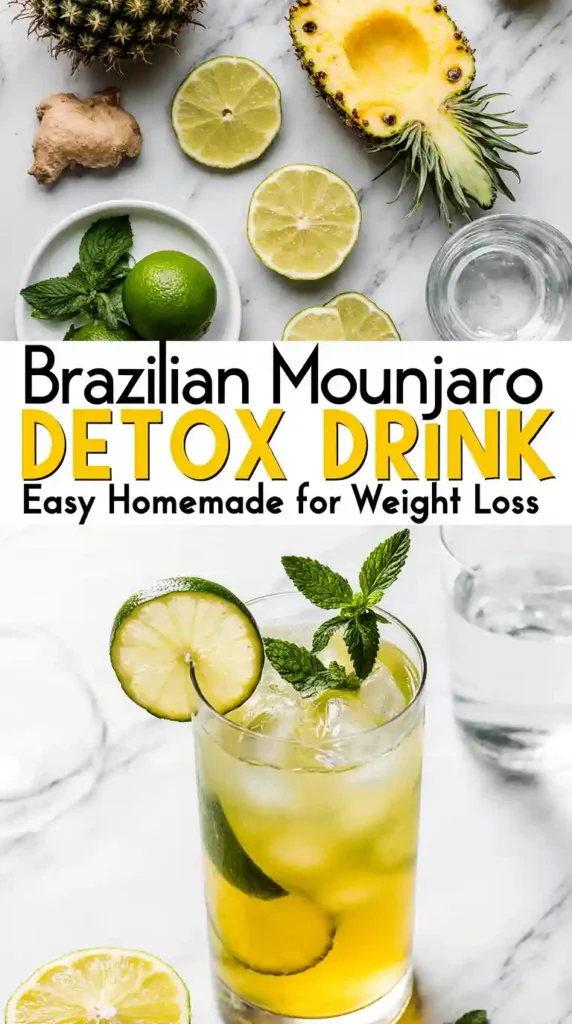 Overhead flatlay of pineapple, lime, mint, and ginger – ingredients for Brazilian Mounjaro detox drink.