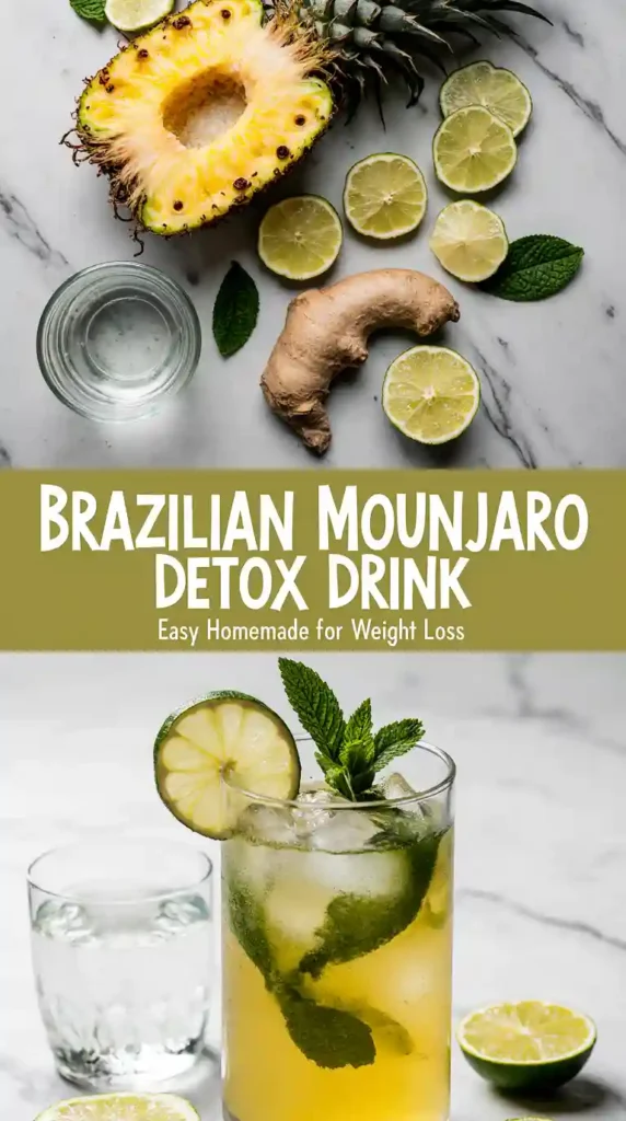 Tropical photo of pineapple, mint, and lime with a glass of Brazilian detox drink.