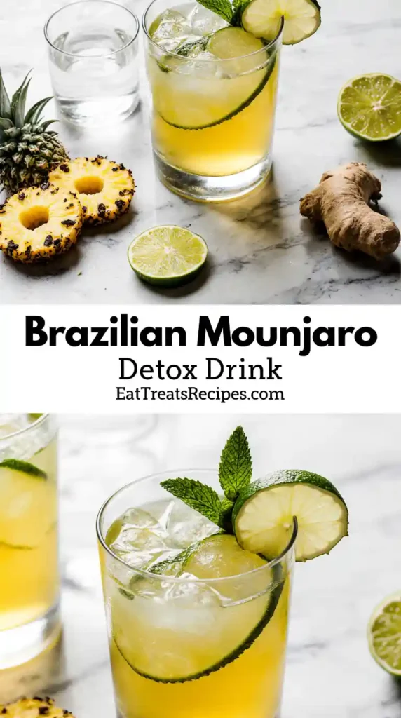 Fresh mint and lime in a glass of Brazilian Mounjaro detox drink on marble surface.