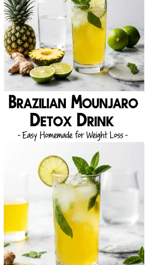 Glass of yellow-green detox drink with lime and mint – refreshing Brazilian wellness beverage.