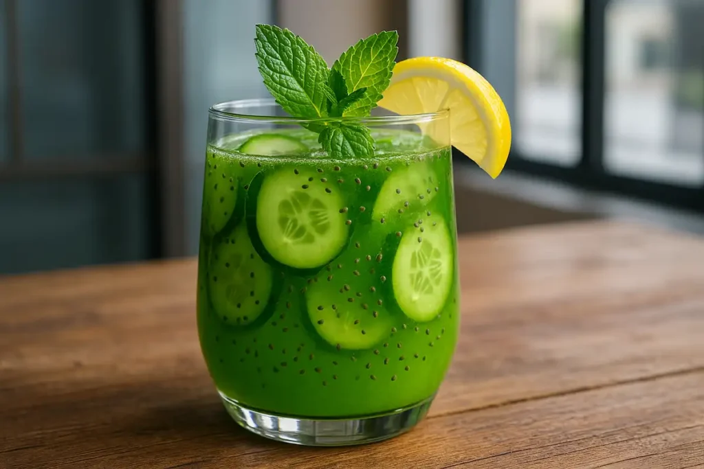 Green Brazilian Mounjaro detox drink recipe with cucumber, lemon, and mint