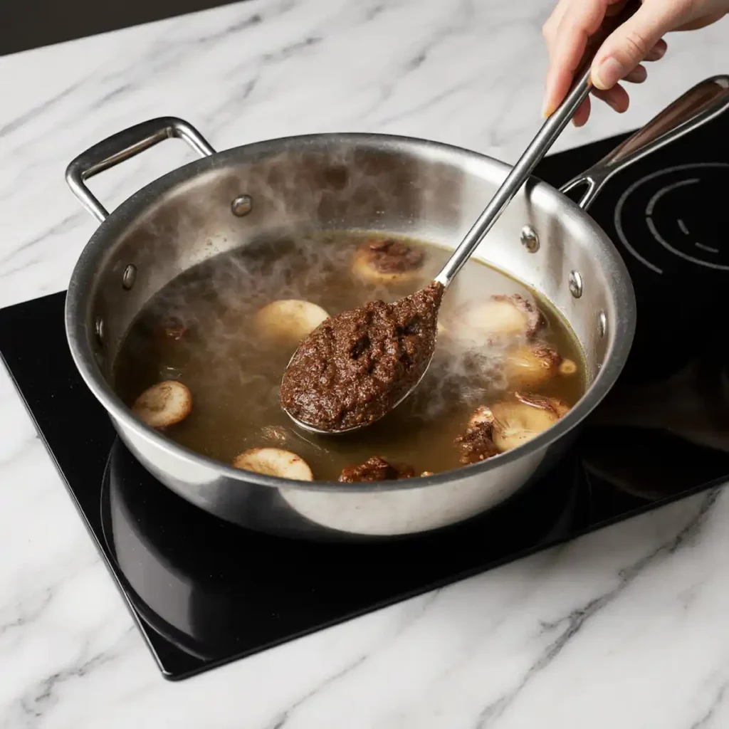 Miso stirred gently into simmered broth