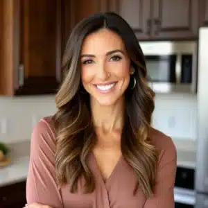 Smiling female chef in her 40s wearing a white jacket and brown apron, standing in a bright kitchen and looking directly at the camera.