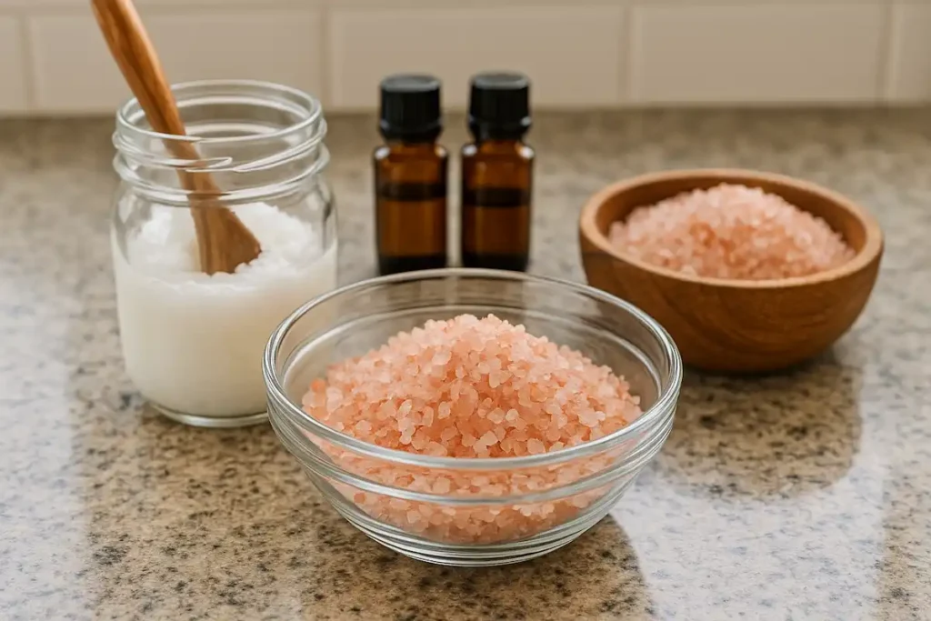 ingredients for diy pink himalayan salt scrub