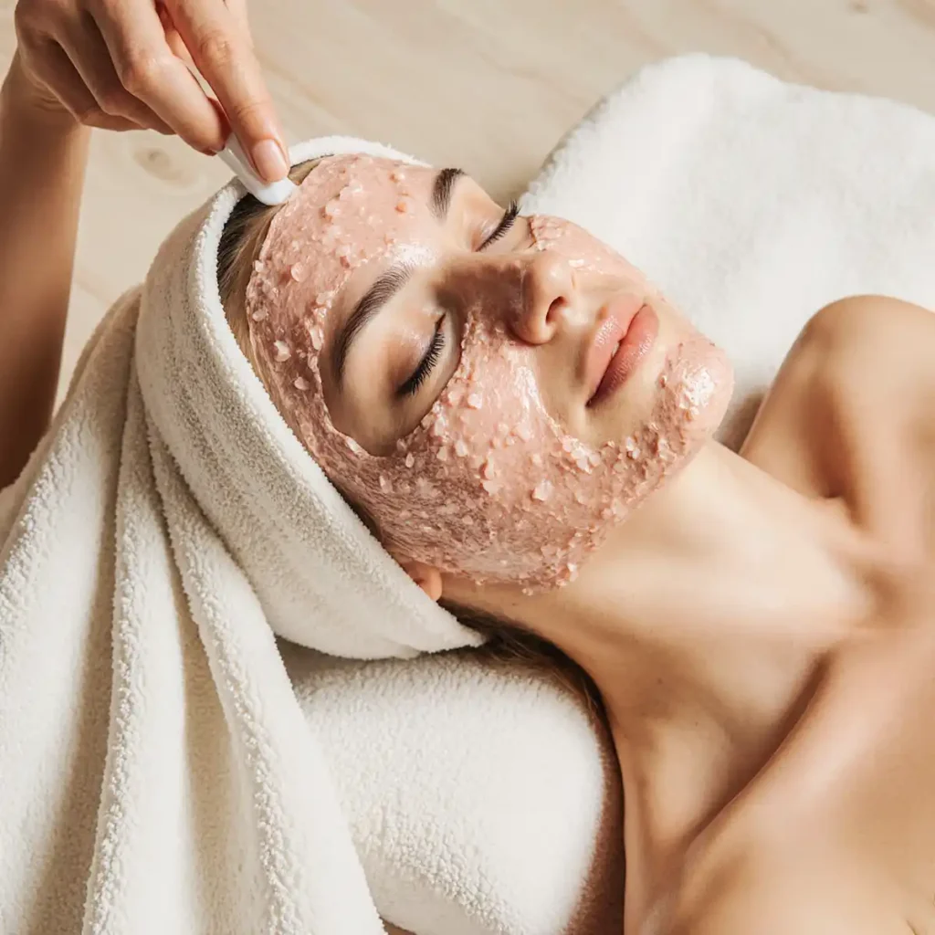 woman exfoliating shoulder with pink himalayan salt scrub