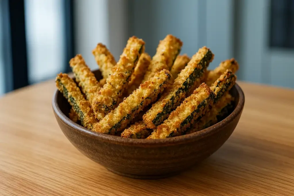 healthy air fryer zucchini fries in a rustic bowl