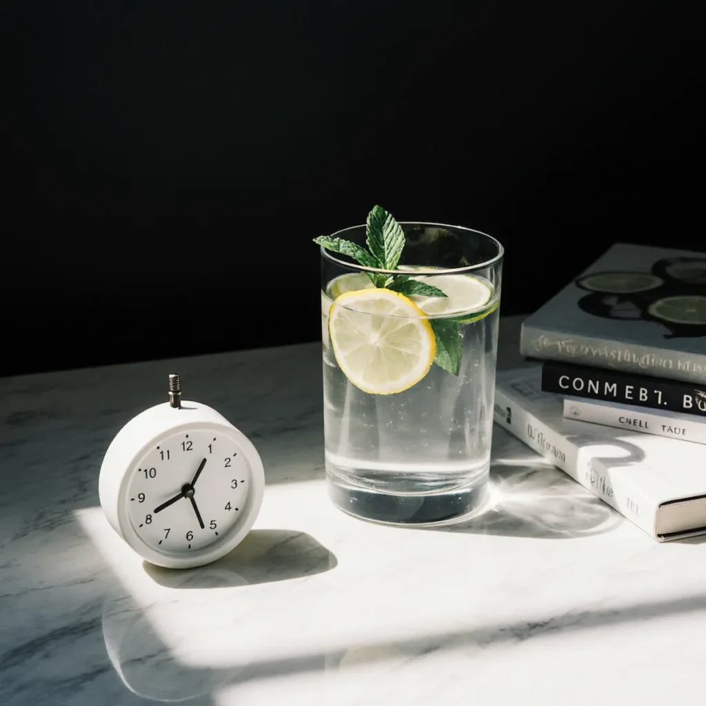 japanese detox water with lemon cucumber beside morning journal