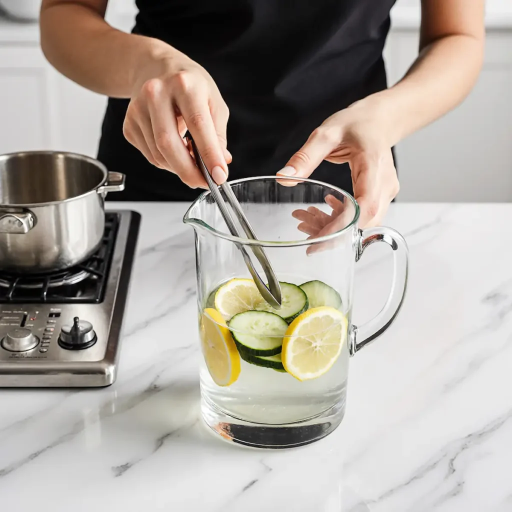 preparing japanese detox water using lemon cucumber mint