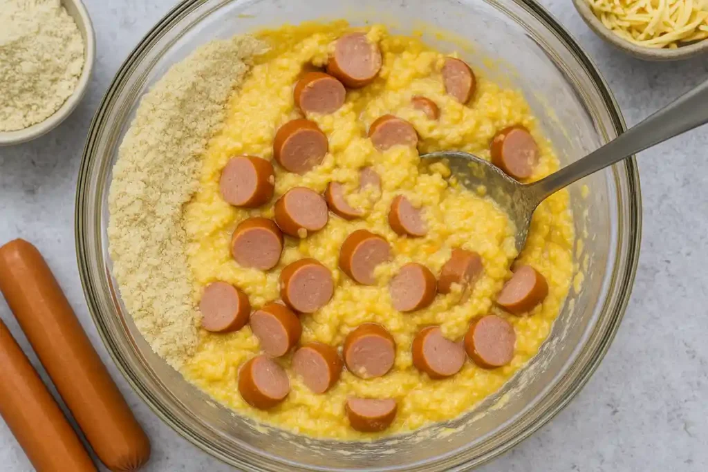 Keto corn dog casserole batter being prepared