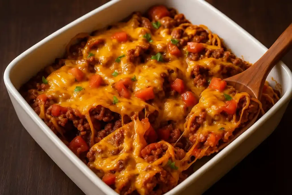 Keto corn dog casserole in a white baking dish with melted cheese