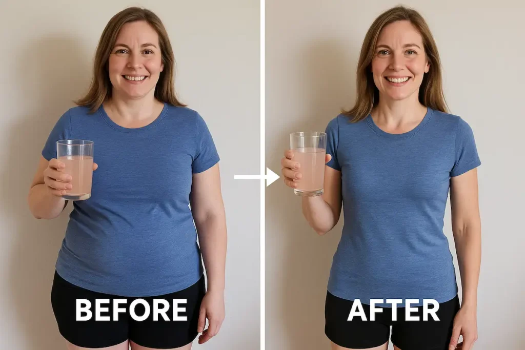 Before and after photo of a woman over 35 showing visible weight loss results after using the pink salt trick recipe, holding a glass of pink salt water, standing against a neutral background.