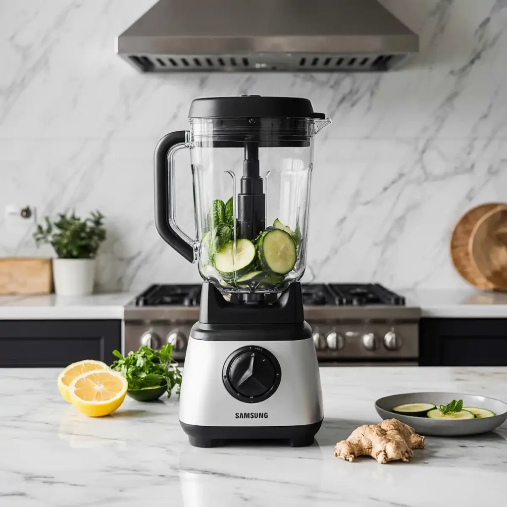 Preparing Brazilian detox drink in a modern kitchen