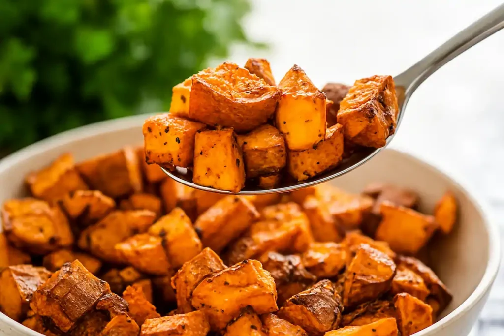 air fried sweet potato cubes golden crispy in air fryer