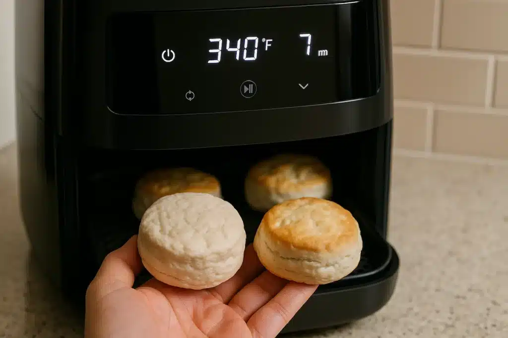 Air fryer showing 340°F temperature while cooking biscuits
