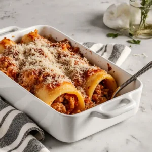Baked Mannacote pasta with melted cheese and tomato sauce