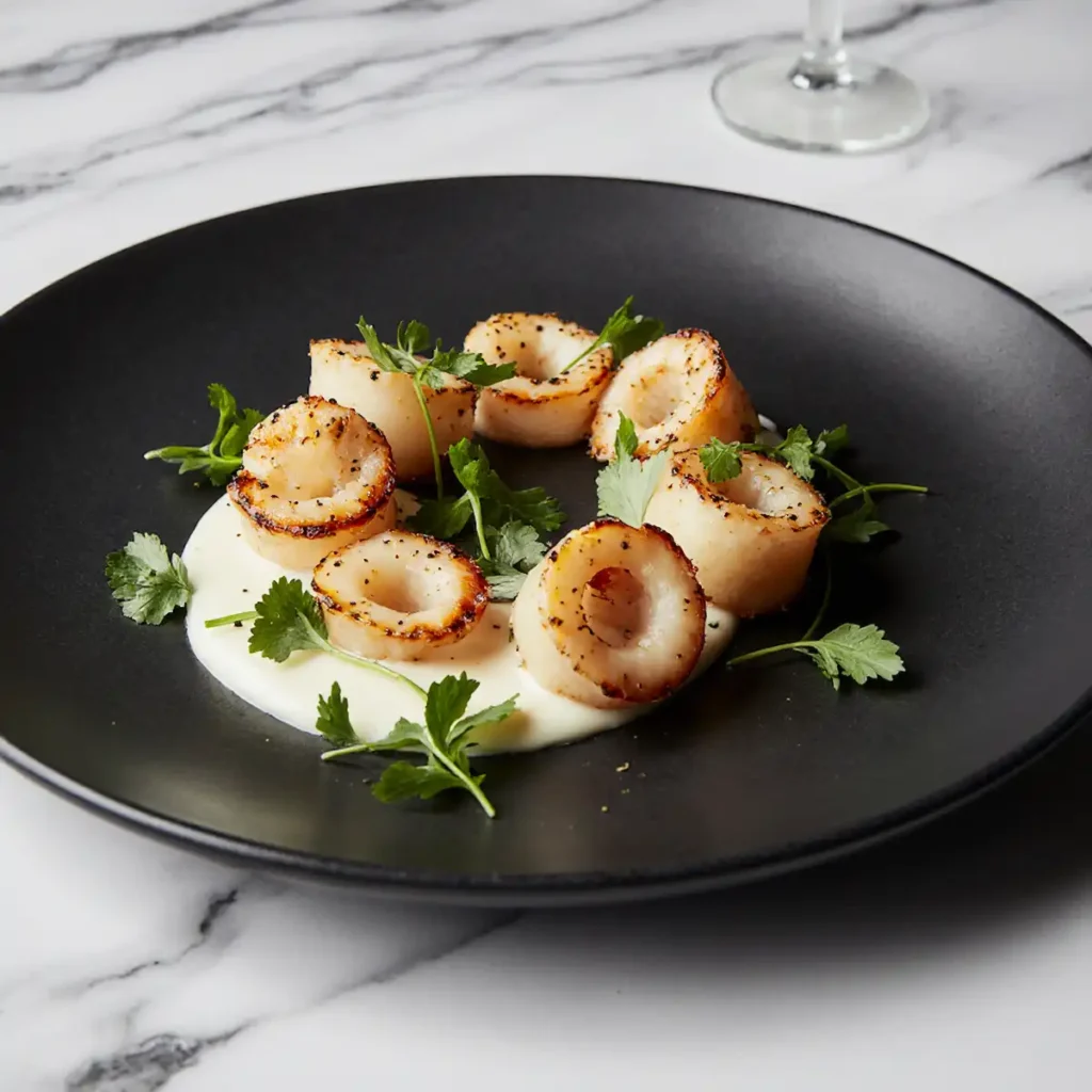 calamariere dish elegantly plated with lemon foam