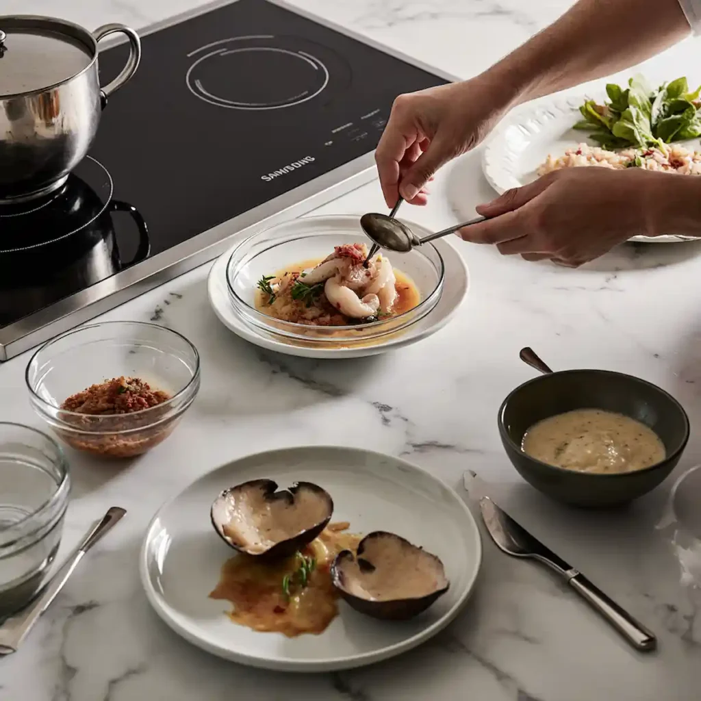 modern kitchen preparing calamariere with stainless tools