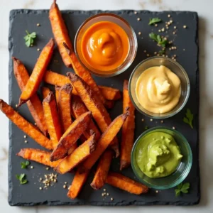 Sweet potato fries with dipping sauces in a modern setting