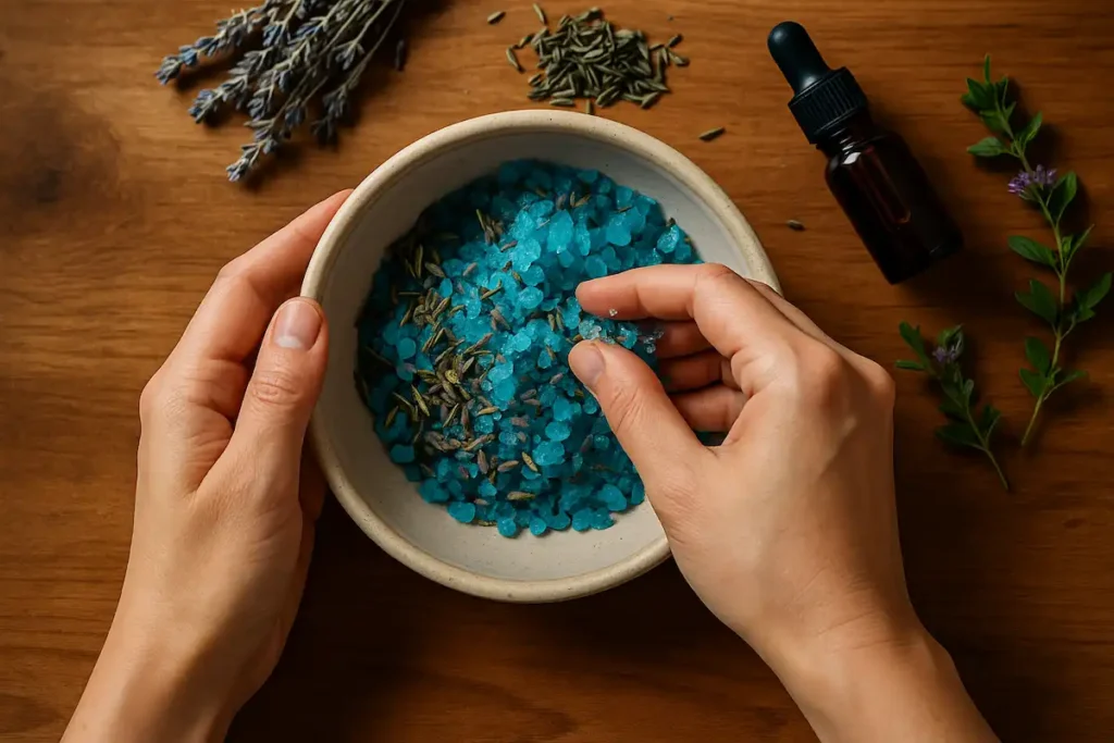 mixing blue salt trick ingredients with lavender oil