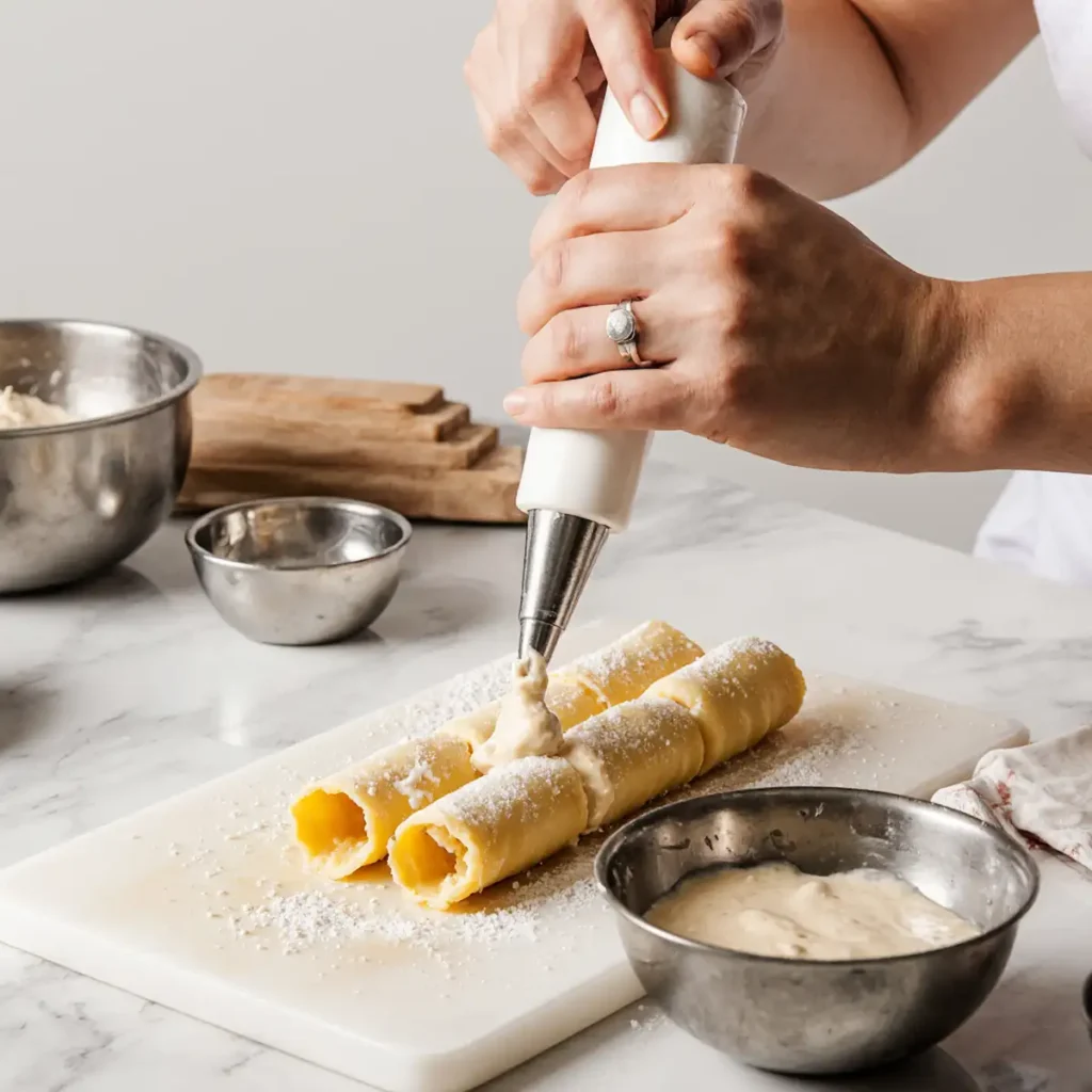 Filling manicotti tubes with creamy cheese mixture using a piping bag