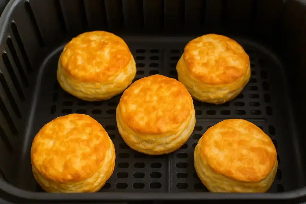Frozen biscuits in air fryer getting golden brown