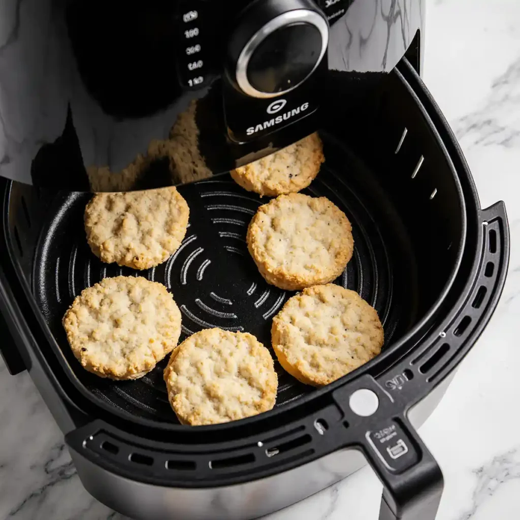 Frozen biscuits in air fryer getting golden brown