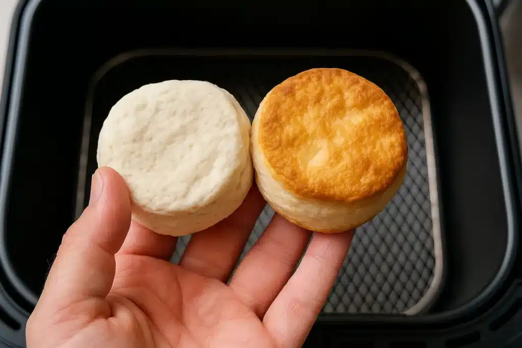 Frozen Grands biscuits cooked in an airfryer basket