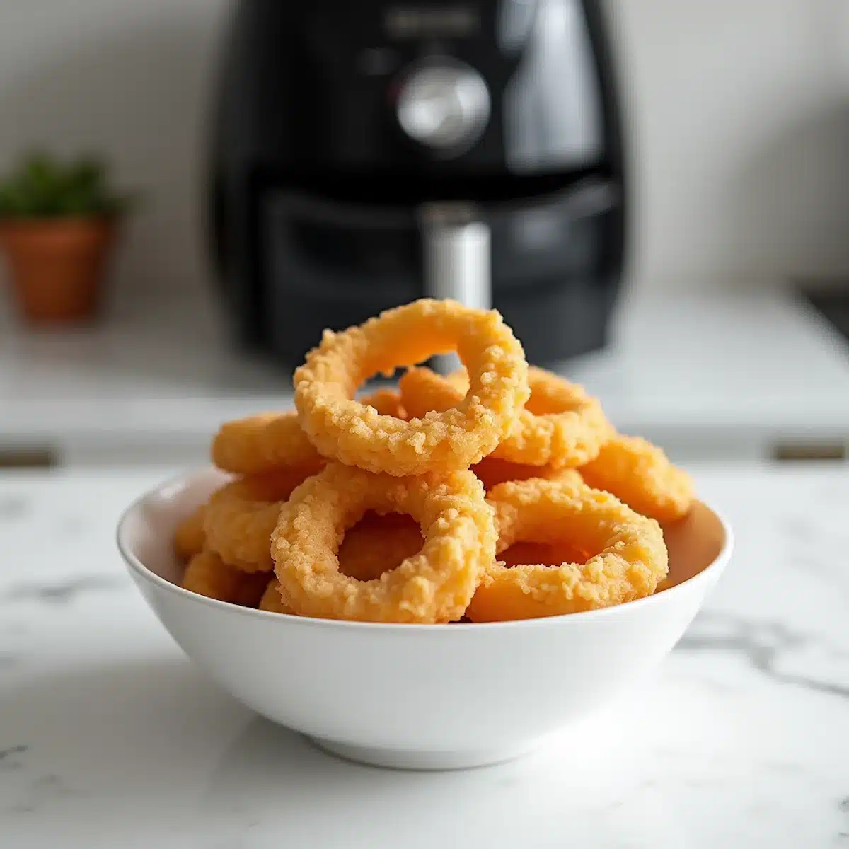 Frozen onion rings cooked in air fryer to crispy perfection