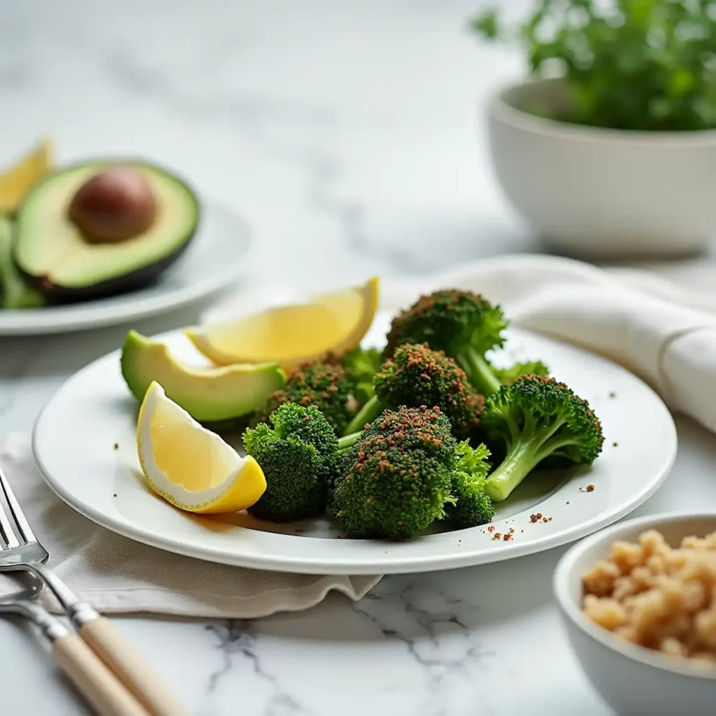 healthy plate with air-fried broccoli and avocado