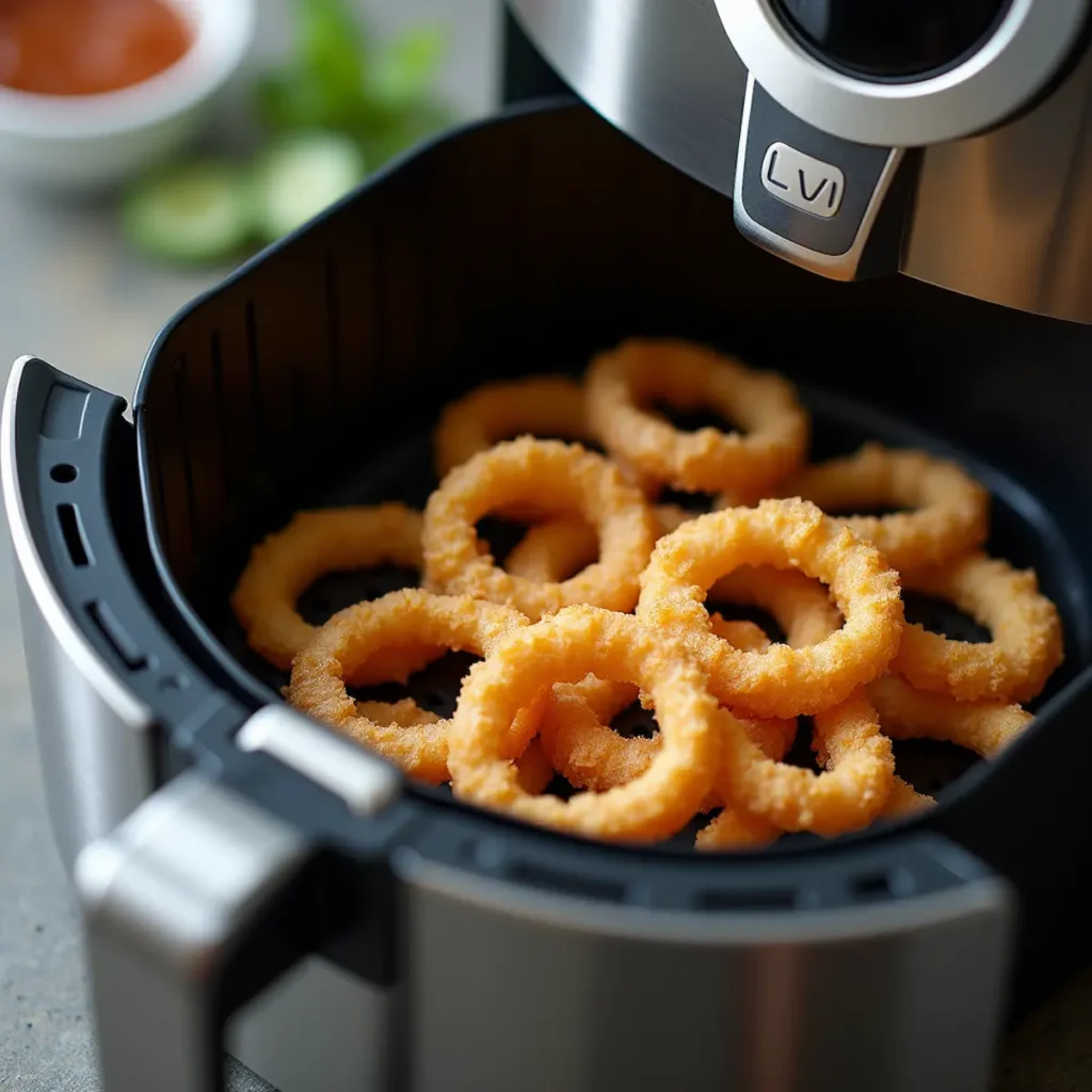 Frozen onion rings cooking inside air fryer basket