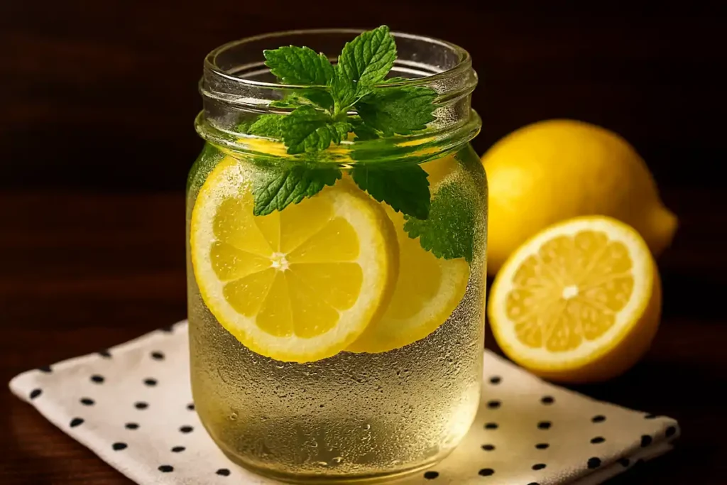 lemon balm water in a glass with fresh leaves