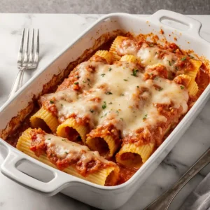 Mannacote pasta with melted cheese and marinara sauce in a ceramic dish