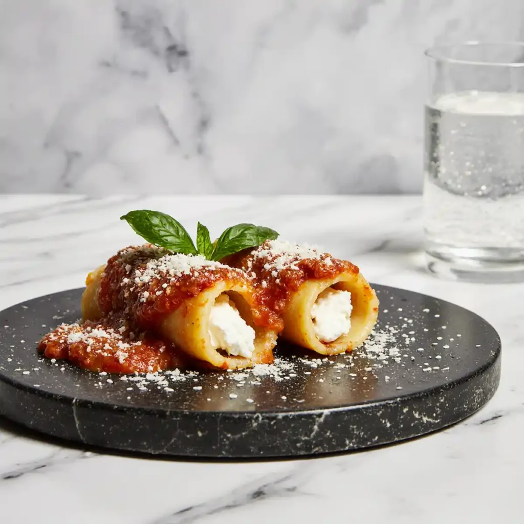 mannacote Creamy pasta on a modern black ceramic plate