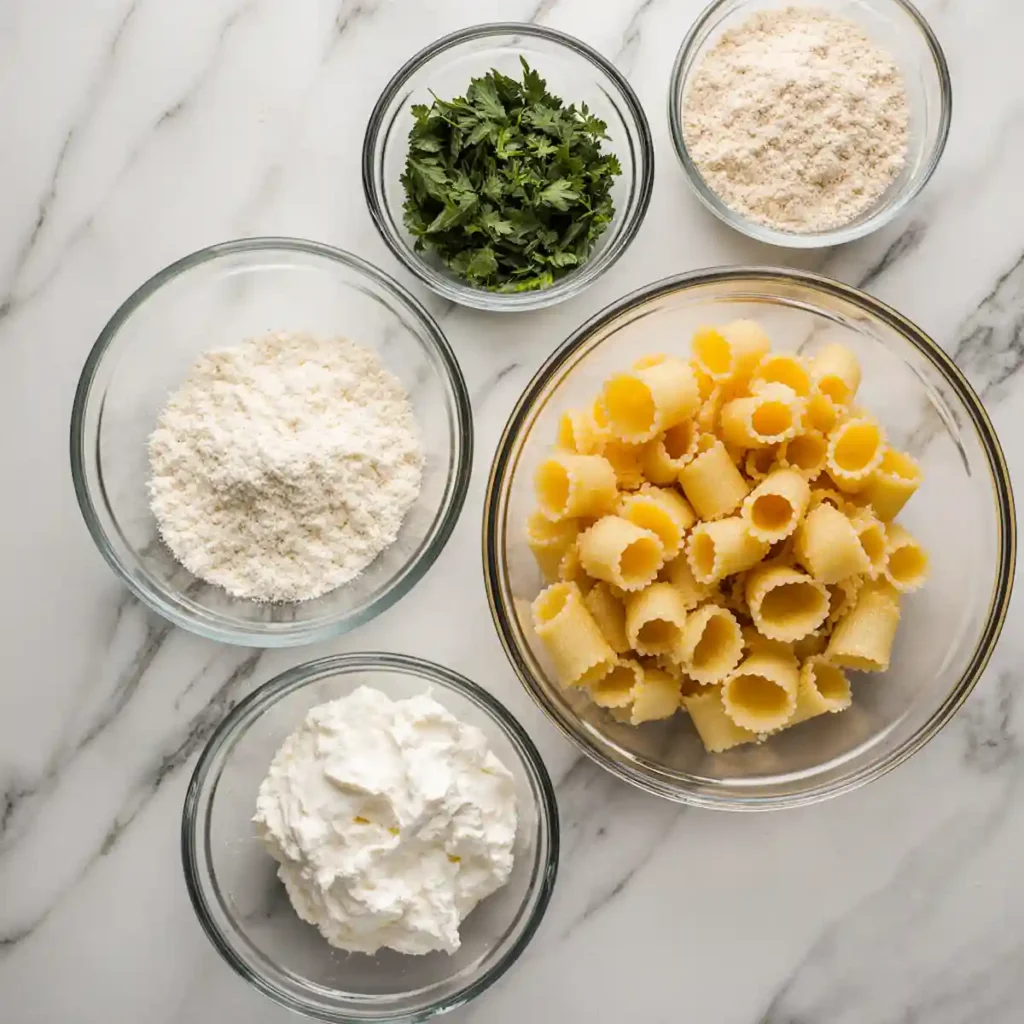 Ricotta, mozzarella, pasta, and herbs arranged for mannacote preparation