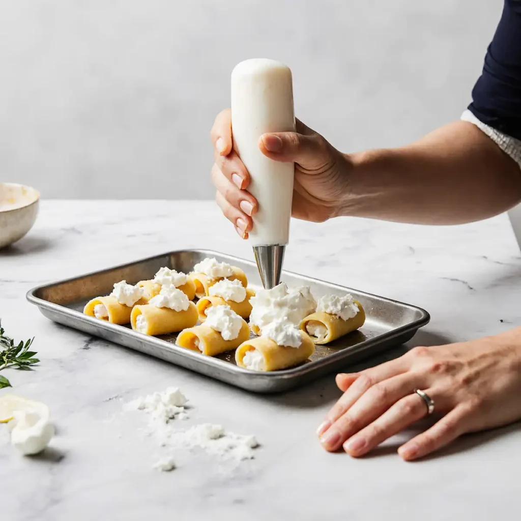 mannacote Preparing stuffed mannacote pasta tubes in a clean kitchen