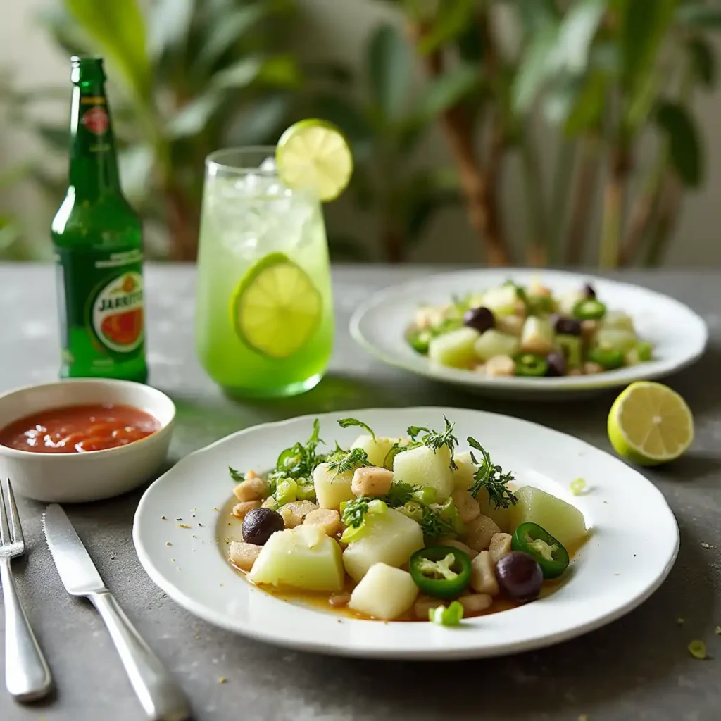 Mexican foods including jalapeños, Jarritos, and jicama salad