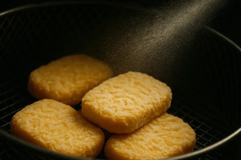 spraying oil on frozen hash browns in air fryer