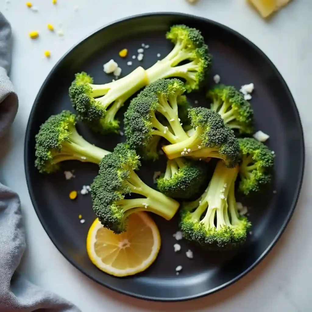 air-fried broccoli with parmesan and lemon zest on black plate