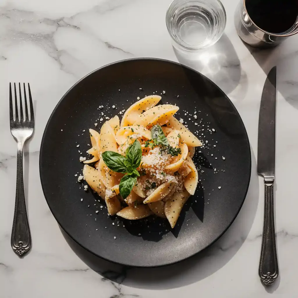 Served mannacote with basil garnish on a modern ceramic plate
