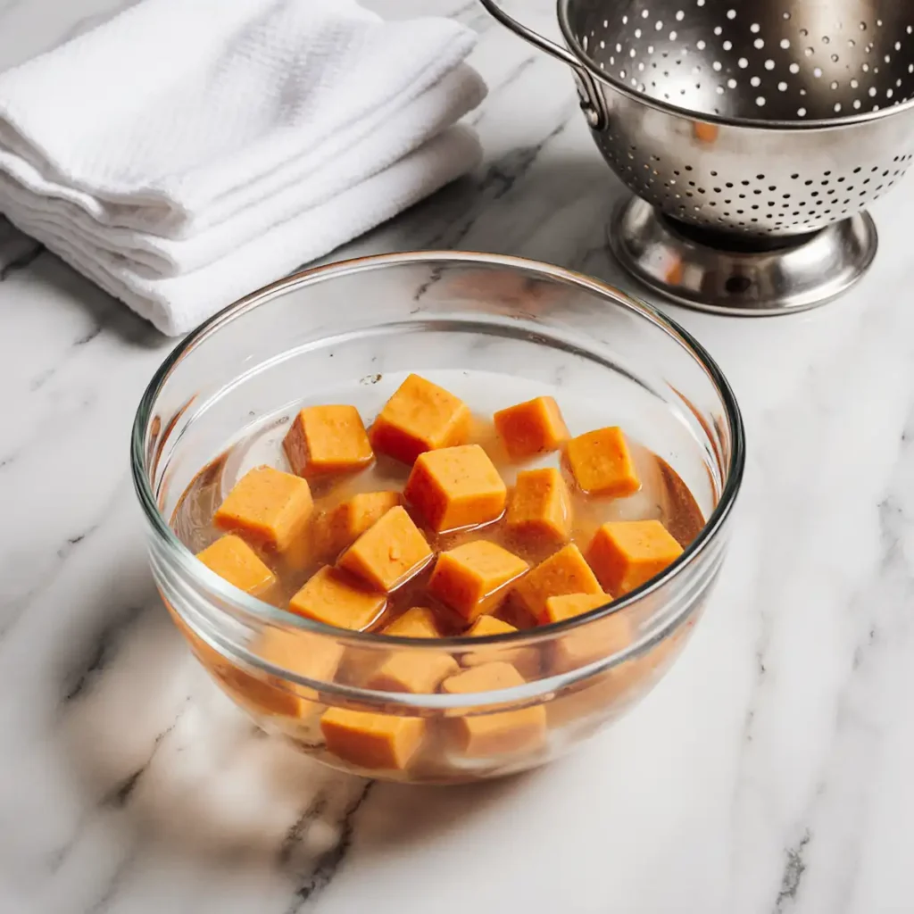 sweet potato cubes soaking before air frying