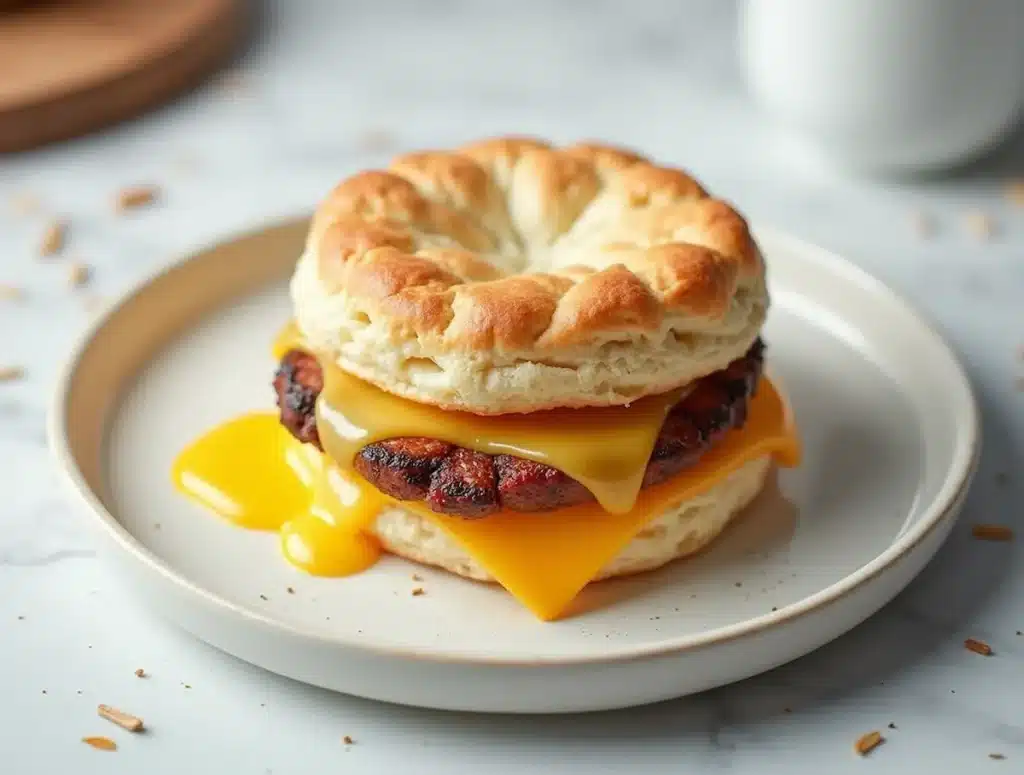 Sausage and egg biscuit sandwich made with Grands