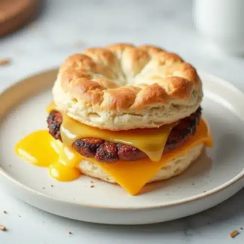 Sausage and egg biscuit sandwich made with Grands