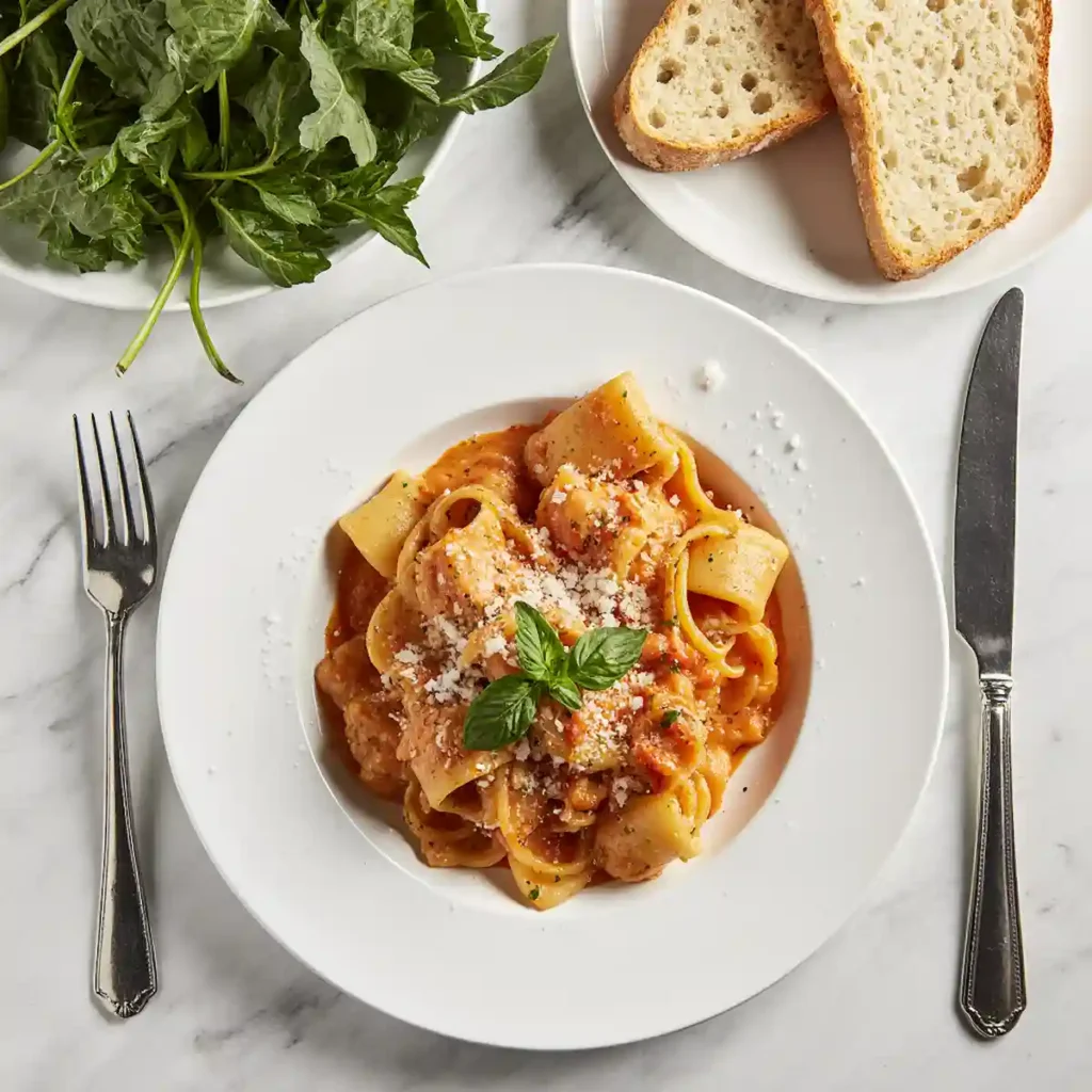 Served Mannacote pasta with side salad and garlic bread