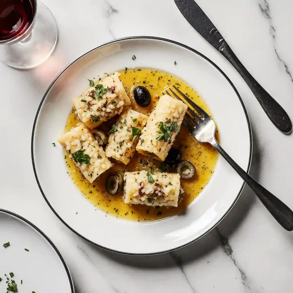 stuffed calamariere in porcelain dish with saffron broth