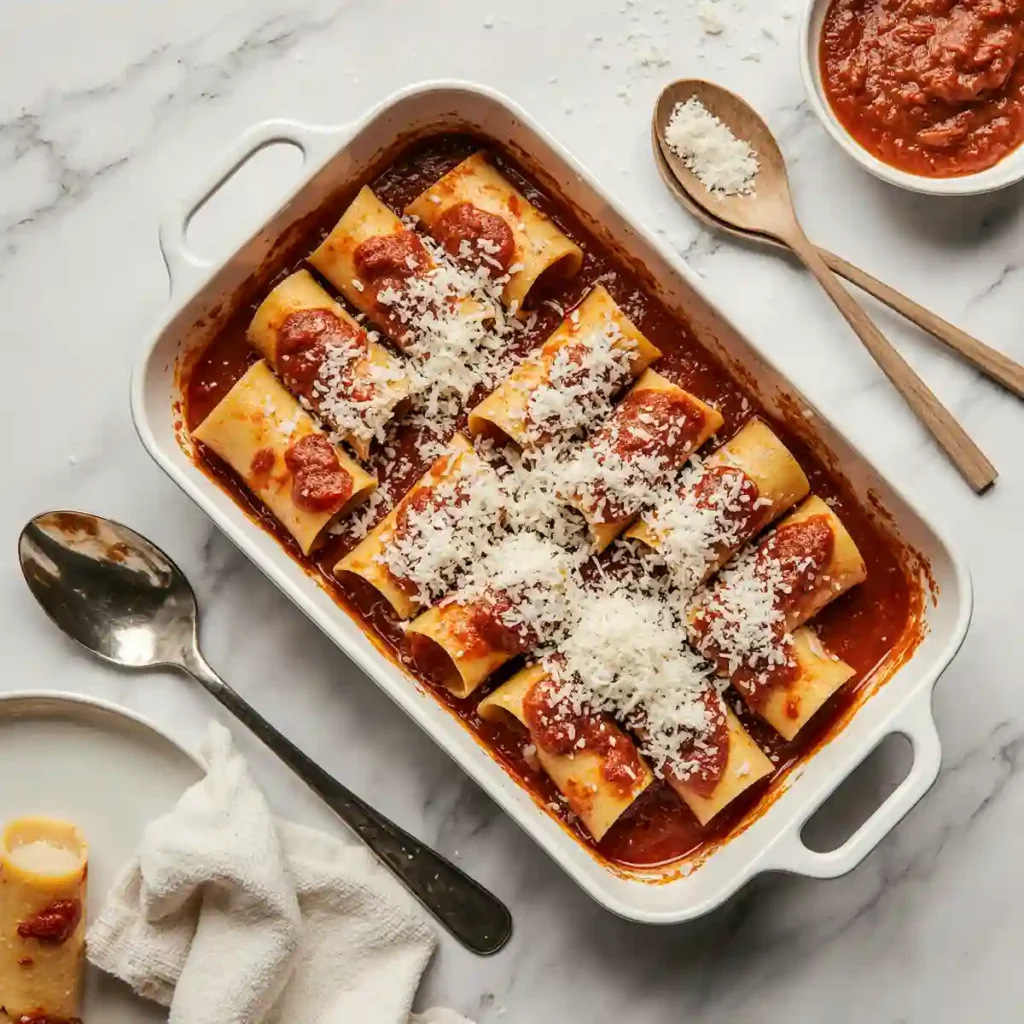 Stuffed Mannacote pasta with sauce ready for baking
