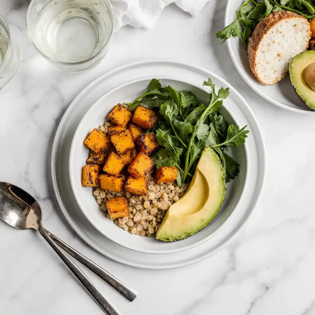 air fried sweet potato cubes served in balanced bowl