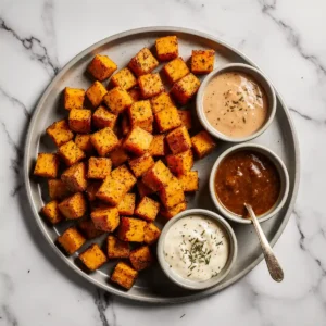 air fried sweet potato cubes served in balanced bowl