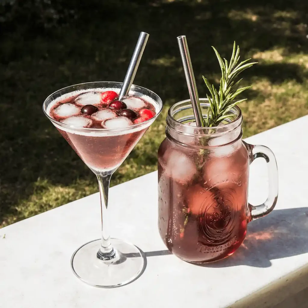 Transfusion drink with mint served cold in a highball glass on marble